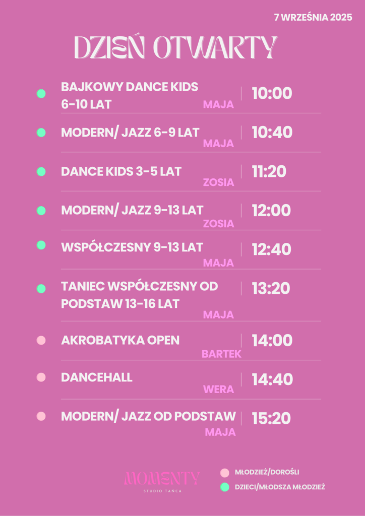 Harmongram zajęć tanecznych - dzień otwarty Studio Tańca Momenty